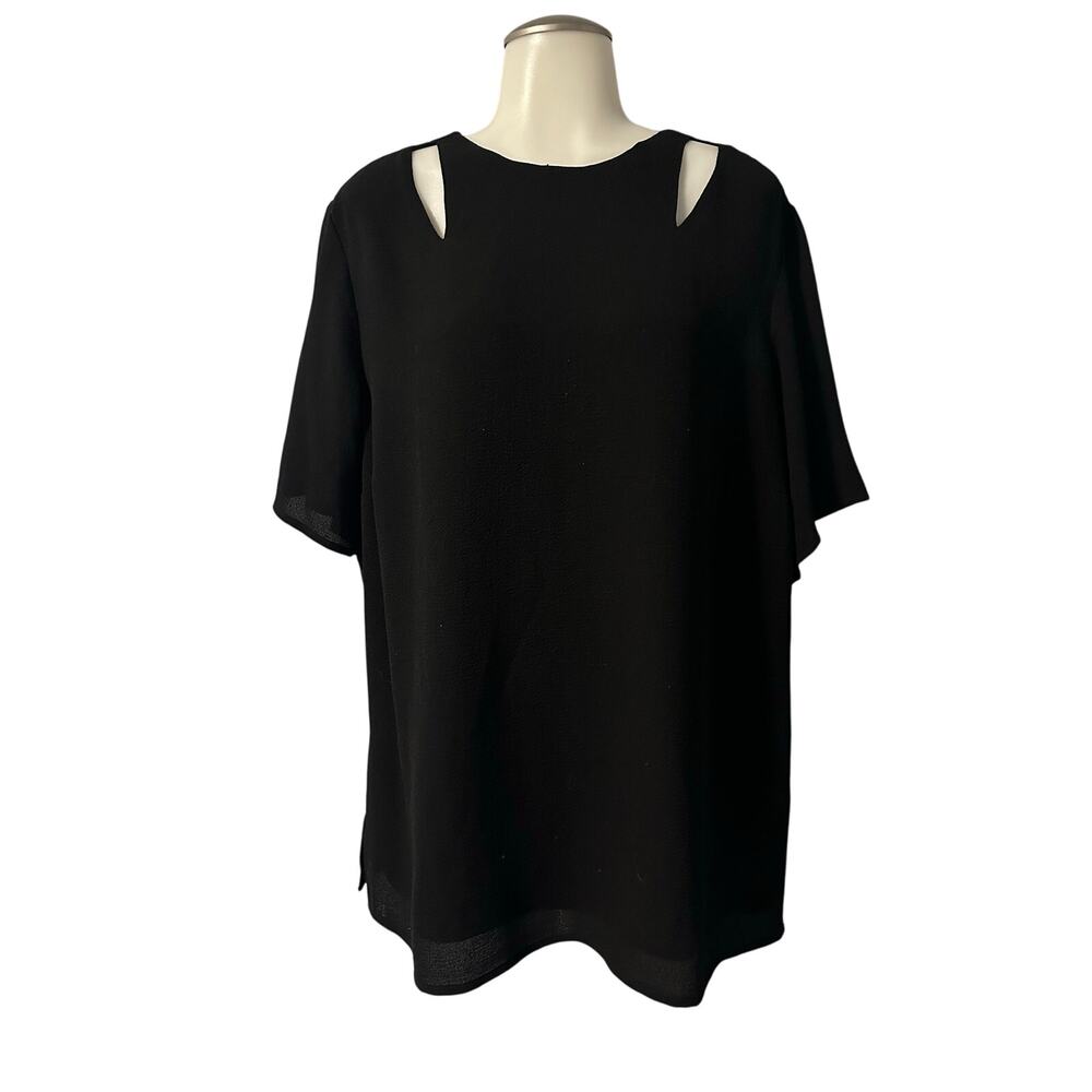 Chico's Size 3 US 16 Peek-A-Boo Cold-Shoulder Black Short Sleeve Top Blouse